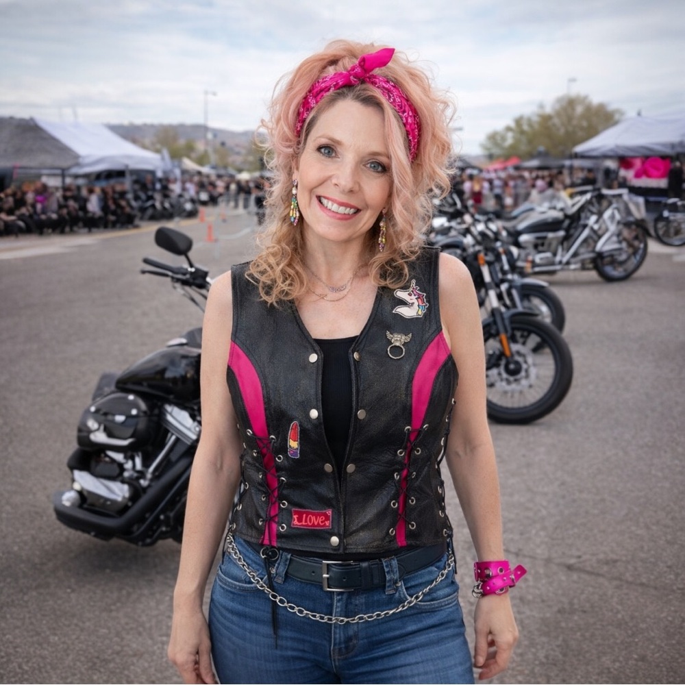 Custom Avian Leather Biker Vest Black with Pink Panels & Patches Size M